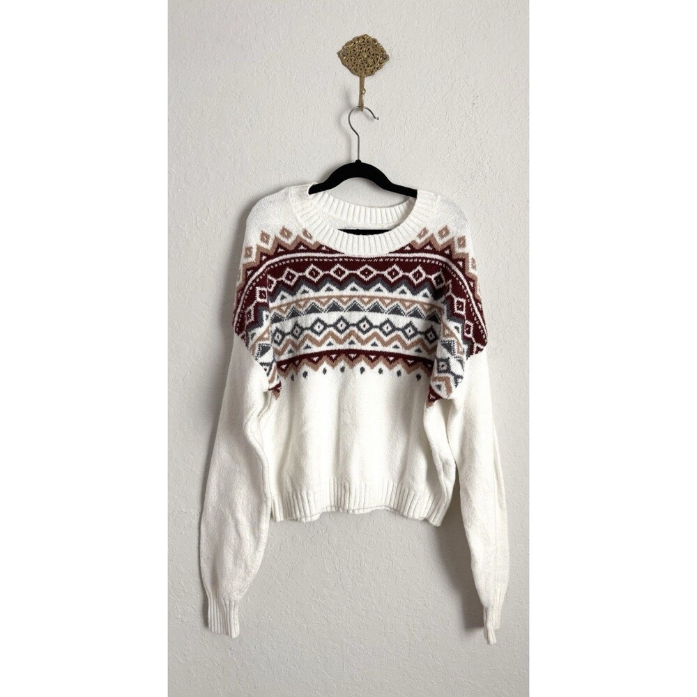 Hollister White Crewneck Sweater with Brown and Gray Fair Isle Yoke